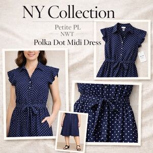 NY Collection Petite Navy White Polka Dot Belted Midi Dress PL NWT